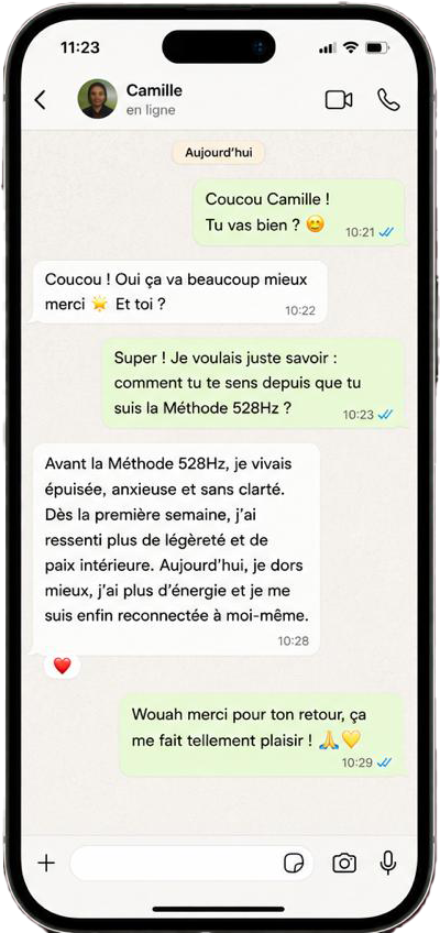 Témoignage WhatsApp de Camille sur la Méthode 528Hz