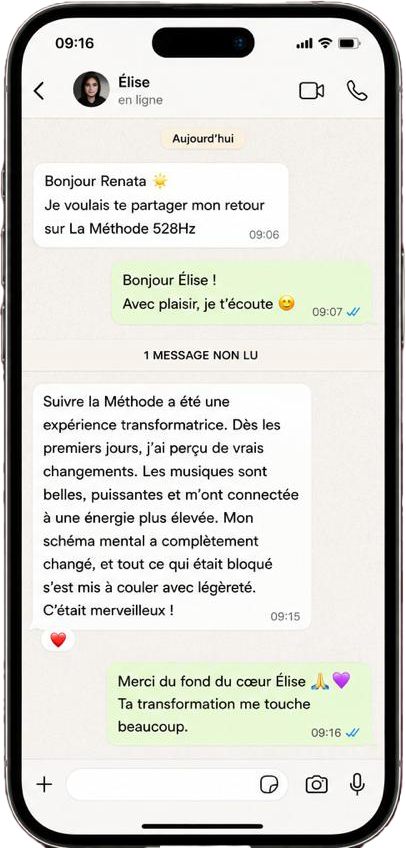 Témoignage WhatsApp de Élise sur la Méthode 528Hz